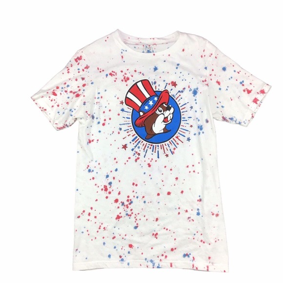 Buc-ee's 4th of July Paint Splatter T-Shirt Red White Blue Patriotic Size Small - Picture 1 of 5